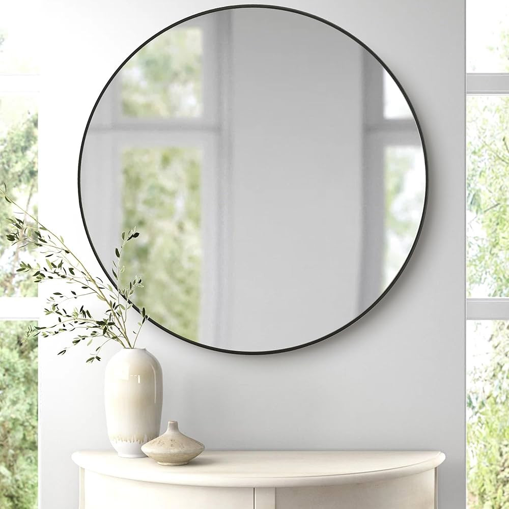 Black Round 36 Inch Mirror,Circle Bathroom Vanity Mirror for Wall,Hanging Modern Tempered Glass M... | Amazon (US)