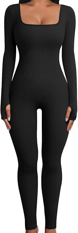 Voqeen Jumpsuit for Women Long Sleeve Jumpsuits Yoga Ribbed Romper Sexy One Piece Bodycon Workout... | Amazon (CA)