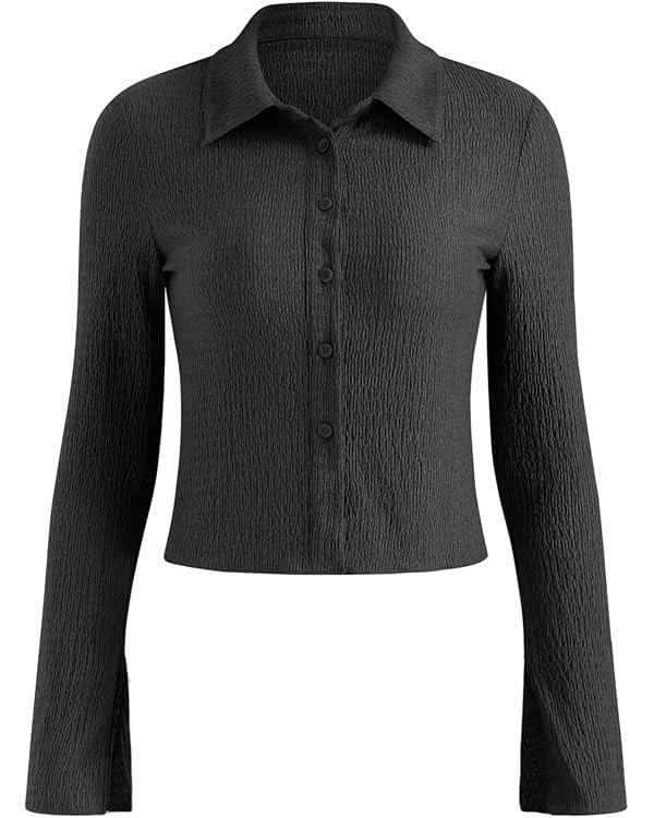 CIDER Texture Solid Bell Sleeve Crop Shirt | Amazon (US)