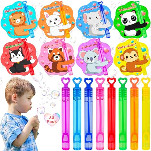 32 Pack Valentines Day Gifts for Kids School Mini Bubble Wands with Valentines Animals Valentines Cards for Kids Classroom, Valentines Day School Prize Party Favors Classroom Exchange Gift Set | Amazon (US)