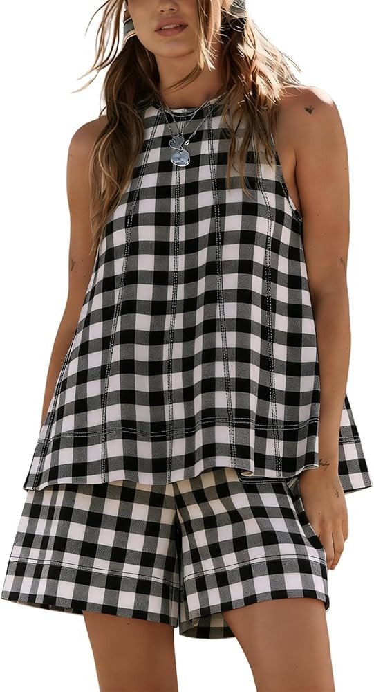 Gozoloma Women's Oversized Gingham 2 Piece Set Crewneck Sleeveless A-Line Top and Relaxed Shorts ... | Amazon (US)