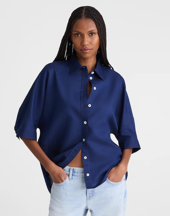 Relaxed Pleat-Sleeve Button-Up Shirt in Cotton-Linen Blend | Madewell