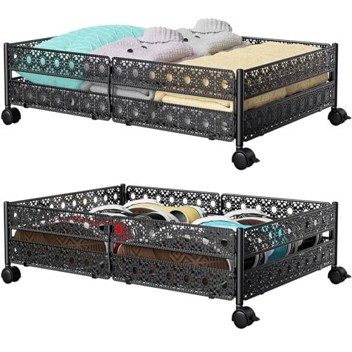 Under Bed Storage Containers with Wheels - Shoe Storage Organizer Drawer, Tool-free Assembly Metal Underbed Storage Containers for Bedroom Clothes, Shoes, Blankets - 2 Pack | Amazon (US)