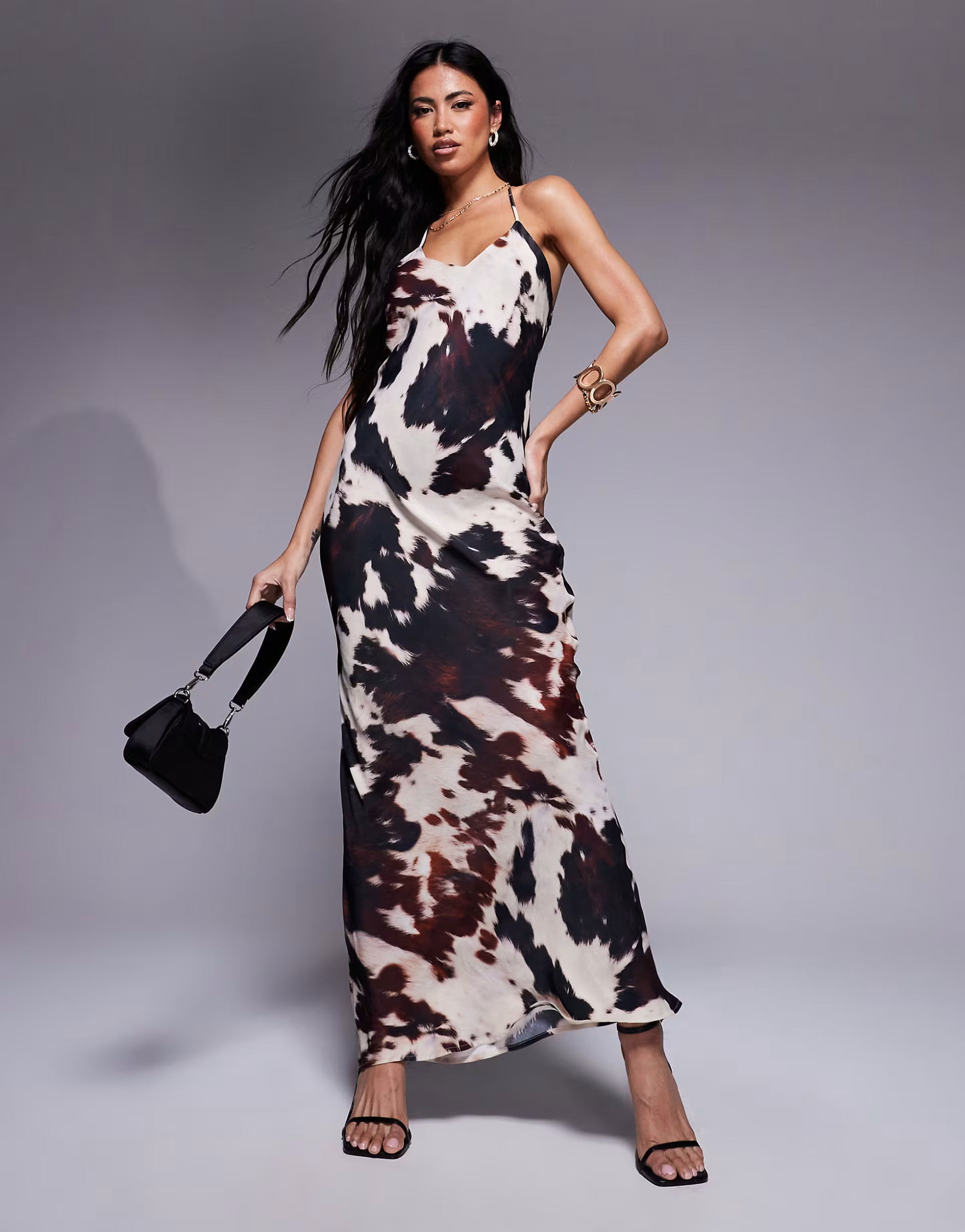 ASOS DESIGN satin v neck strappy maxi dress in cow print in cow print | ASOS (Global)