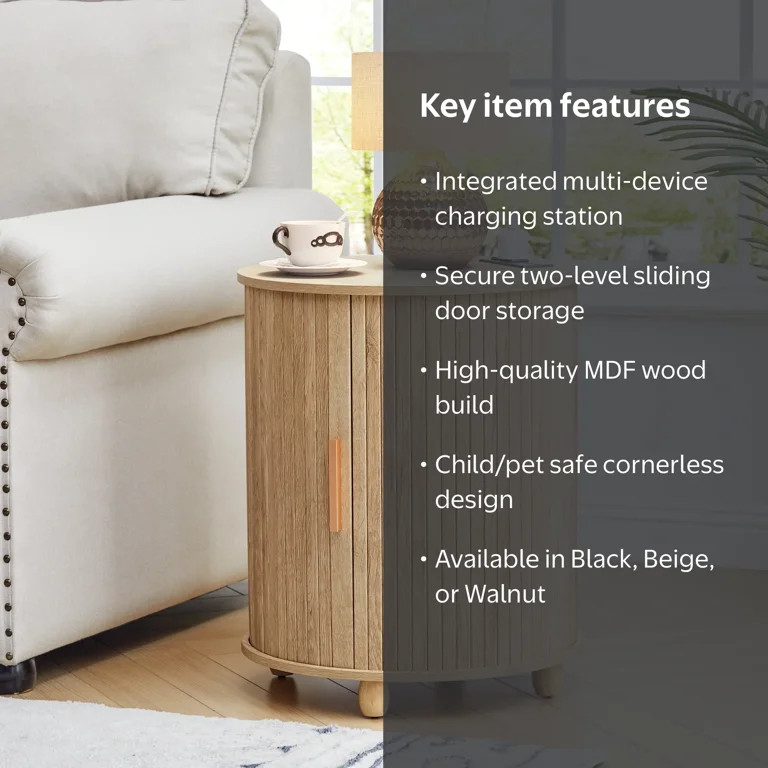YOCWO Round End Table with Charging Station, Vertical Strip Side Tables with Sliding Door Storage... | Walmart (US)