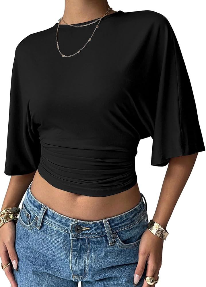 LOLONG Womens Crew Neck Half Sleeve Ruched Shirts Summer 2026 Casual Cinched Waist Crop Tops | Amazon (US)