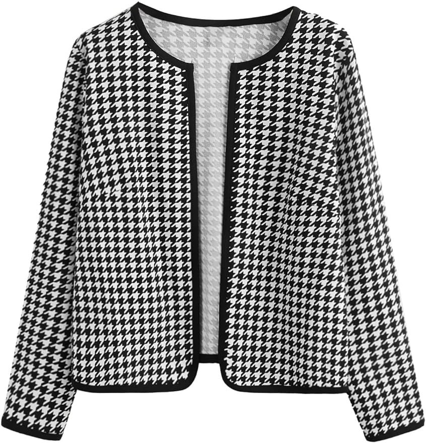 WDIRARA Women's Plus Size Houndstooth Open Front Long Sleeve Jacket Outerwear | Amazon (US)