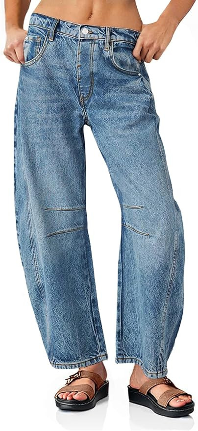 PLNOTME Women's Baggy Boyfriend Jeans Vintage Wide Leg Mid Rise Barrel Denim Ankle Pants | Amazon (US)