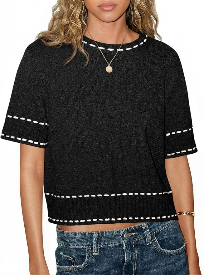 Saodimallsu Womens Crew Neck Sweaters Short Sleeve Cropped Sweater Loose Knit Trendy Pullover Top... | Amazon (US)