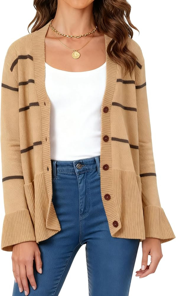 Zhiyouni Women's Striped Cardigan Sweaters V Neck Long Sleeve Button Down Knit Peplum Flared Jump... | Amazon (US)