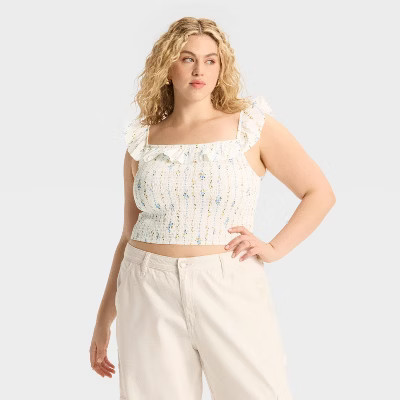 Women's Ruffle Sleeve Smocked Tank Top - Wild Fable™ Off-White Floral 1X | Target