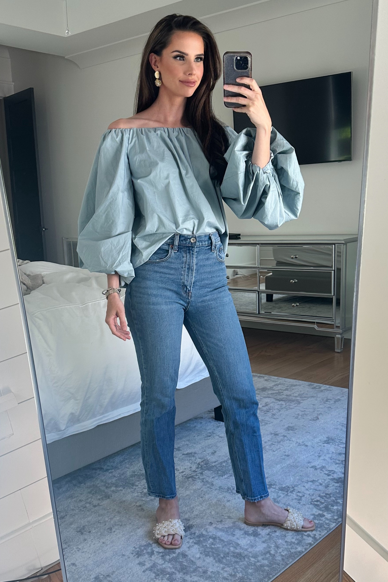 Casual spring outfit. Love this Anthropologie off-the-shoulder puff sleeve top! Wearing size XS in the top. 

#LTKStyleTip