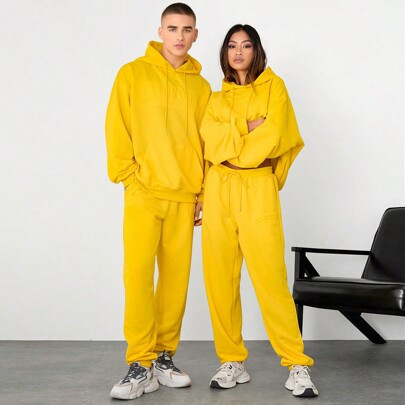 2pcs Unisex Embossed Knit Loose Drop Shoulder Hoodie & Drawstring Waist Sweatpants Set | SHEIN
