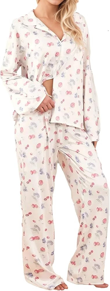 Womens 2 Piece Fruit Floral Pajamas Button Down Pajama Sets Cute Long Sleeve Wide Leg Soft Pjs Lo... | Amazon (US)