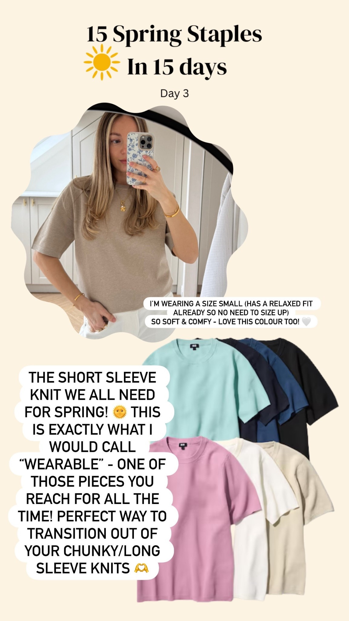 Day 3 of 15 Spring Staples in 15 Days - Introducing you to the perfect short sleeve knit/tshirt! 🌞 Sooo comfortable, wearable and easy to style! For reference I’m wearing a size small in colour “31 beige” 🫶

#LTKspring