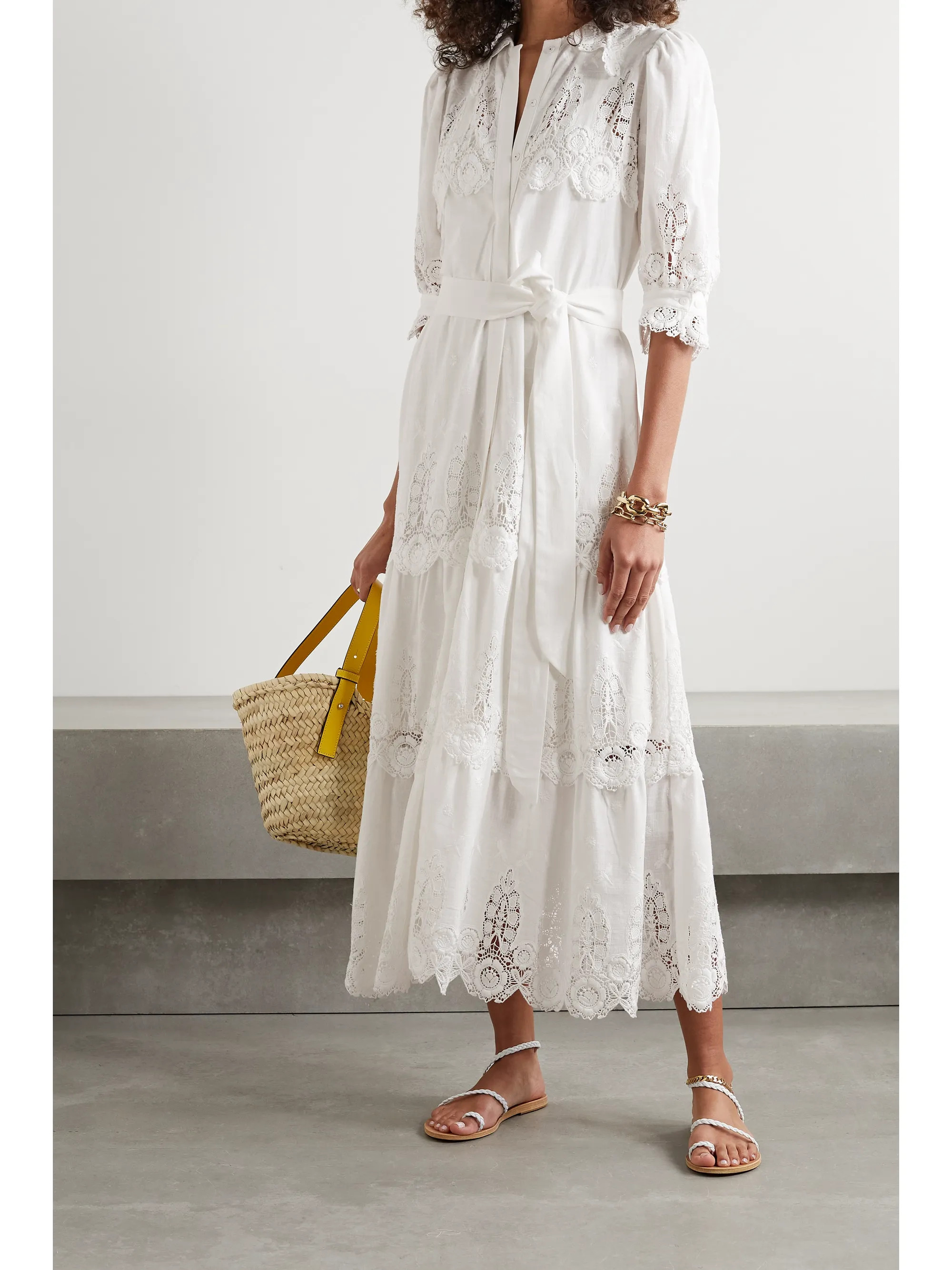 Ivory Ophelia belted crochet-trimmed embroidered linen and cotton-blend voile midi dress  | Migue... | NET-A-PORTER (US)