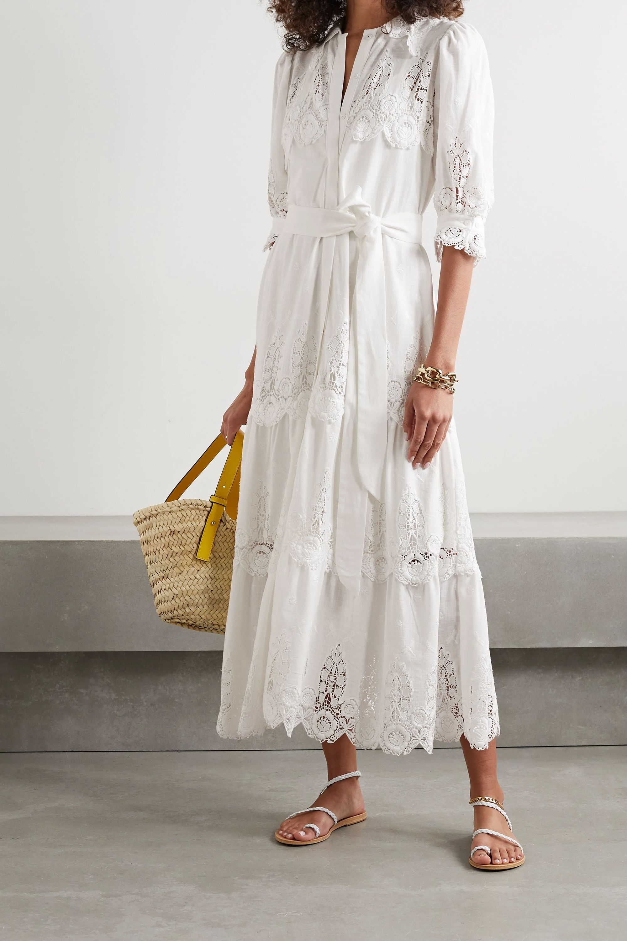 Ivory Ophelia belted crochet-trimmed embroidered linen and cotton-blend voile midi dress  | Migue... | NET-A-PORTER (US)