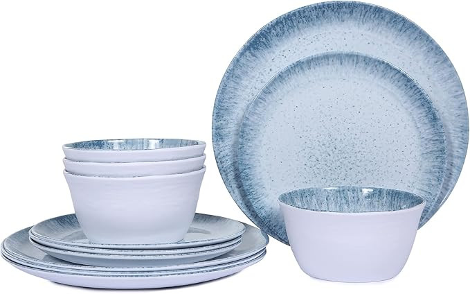 Dinnerware Set - 12pcs Melamine Plates and Bowls Set, Service for 4, Light Blue with Spot | Amazon (US)