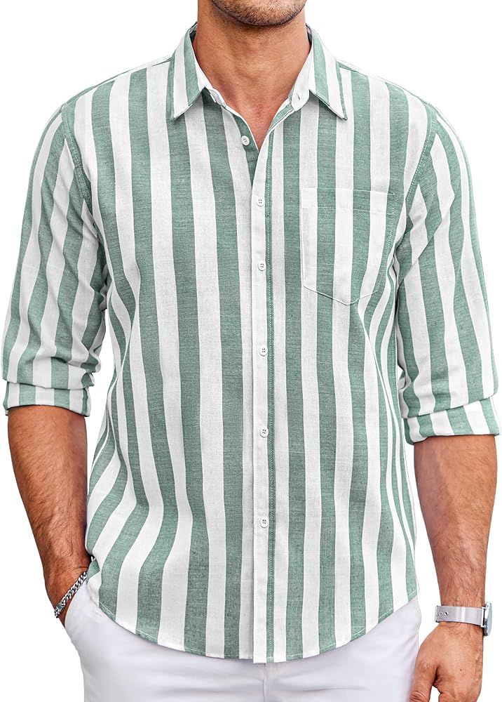 COOFANDY Men's Cotton Linen Shirt Button Down Beach Shirts Casual Long Sleeve Striped Dress Shirt | Amazon (US)