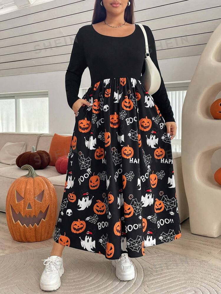 SHEIN Essnce Plus-Size Women's Halloween Dress, Black Dress, 2 Pocket Pumpkin Dress,Witchy Clothe... | SHEIN