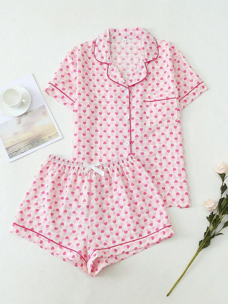 2pcs/Set Women's Cute Sweet Heart Print Pajama Set With Lapel Button Short Sleeve Top And Bow Sho... | SHEIN