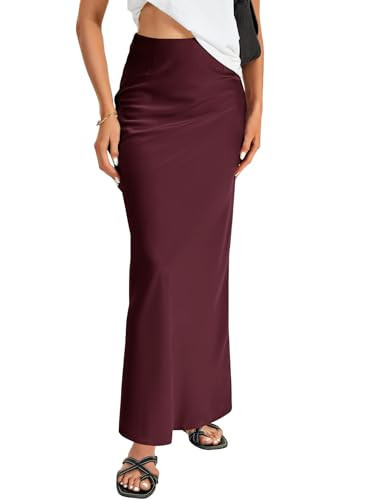 Vrtige Women's Elegant Silk Satin Elastic High Waist Zipper Flowy A Line Long Maxi Skirt Wine Red XX-Large | Amazon (US)