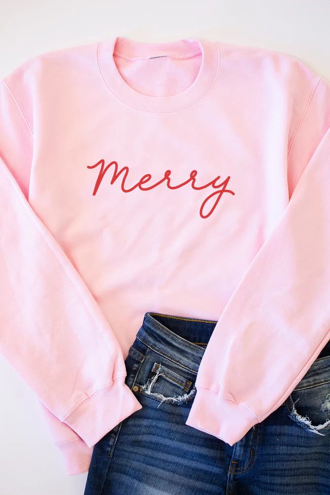 Merry Script Light Pink Graphic Sweatshirt | The Pink Lily Boutique