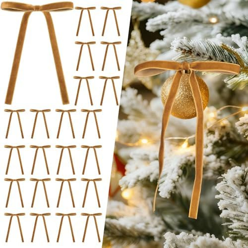 Breezy Valley 24 Pcs Velvet Ribbon Bows for Christmas Tree Khaki Bow Decor - Rustic Velvet Christ... | Amazon (US)