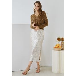 Glittery Sequin Slit Pencil Skirt in Cream | Chicwish