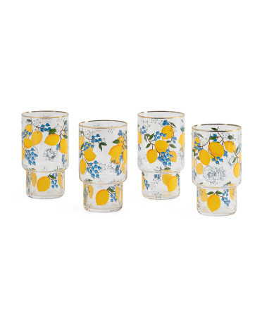 Set Of 4 Handpainted Lemon Highball Glasses With Gold Tone Rim | TJ Maxx