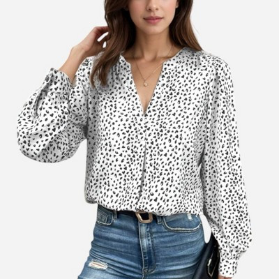Anna-Kaci Women's Leopard Print Long Sleeve V-Neck Blouse - Small, White | Target