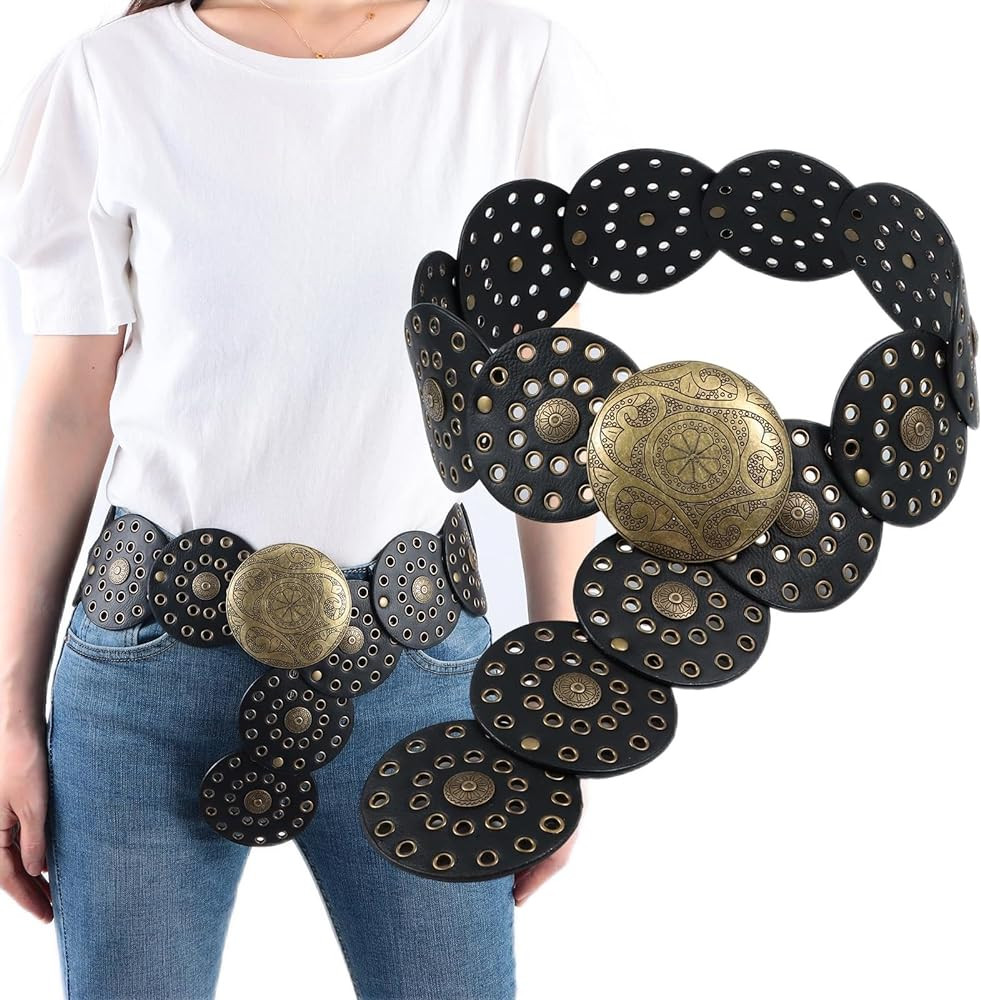 Hollow Disc Belt Western Style Exaggerated Cowboy Wide Disc Belt Metal Buckle Vintage Soft Belt f... | Amazon (US)