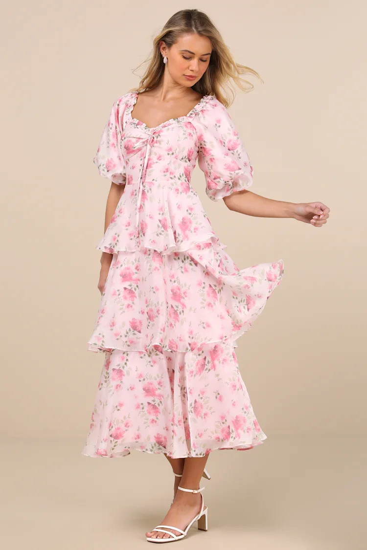 Romilly Light Pink Floral Tiered Midi Dress | Lulus