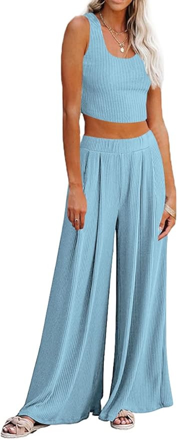 Lveberw Lounge Set Womens, Outfits Sets, Ribbed Crop Top Long Sleeve, Palazzo Pants - Loose Sweat... | Amazon (US)