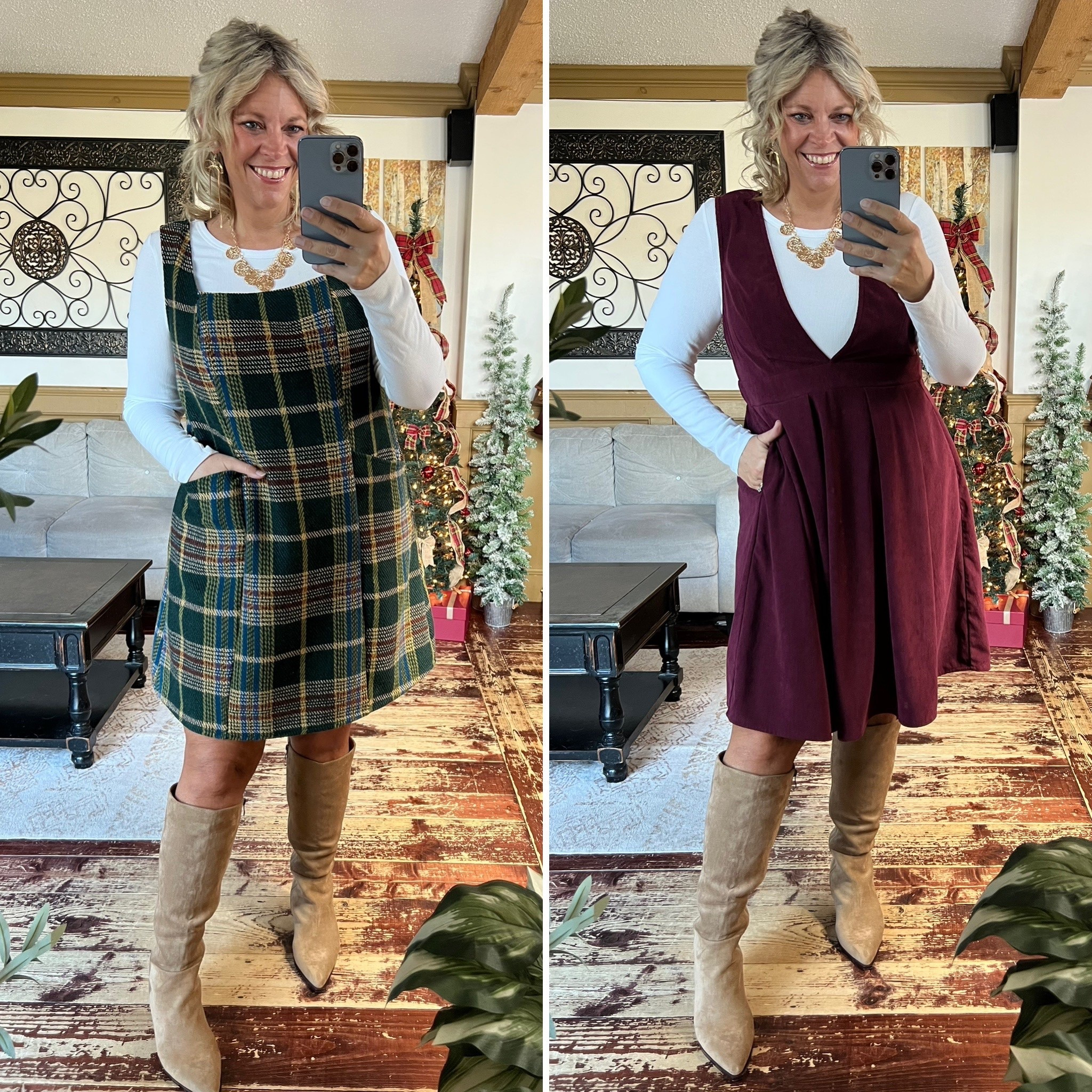 Overall dresses size 12; ribbed bodysuit size xl; suede boots true to size 

#LTKSeasonal #LTKSaleAlert #LTKHoliday