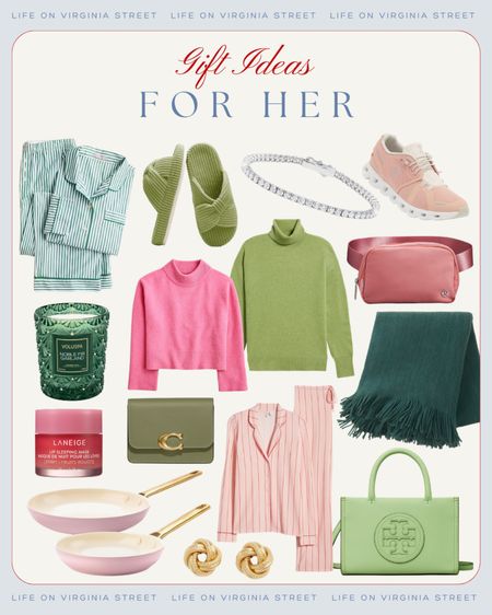The cutest gift ideas for her in shades of pink and green! Includes green striped pajamas, cozy sweaters, a holiday scented candle, tennis bracelet. Pink tennis shoes, pink striped pajamas, Tory Burch bourse, pink pans, my favorite lip balm, cozy green throw blanket, and pink Lulu belt bag!
.
#ltkgiftguide #ltksalealert #ltkfindsunder50 #ltkfindsunder100 #ltkstyletip #ltkover40 #ltkworkwear #LTKstyletip #LTKunder50 #LTKunder100 #LTKholidayathome  #LTKholidaystyle #LTKhome #LTKsalealert #ltkbeauty #ltkseasonal #ltkhome #ltkitbag #ltkshoecrush #ltkmidsize gifts for mom, gifts for girlfriends, gifts for BFF, gift idea for mother-in-law

#LTKHoliday #LTKGiftGuide #LTKfindsunder50