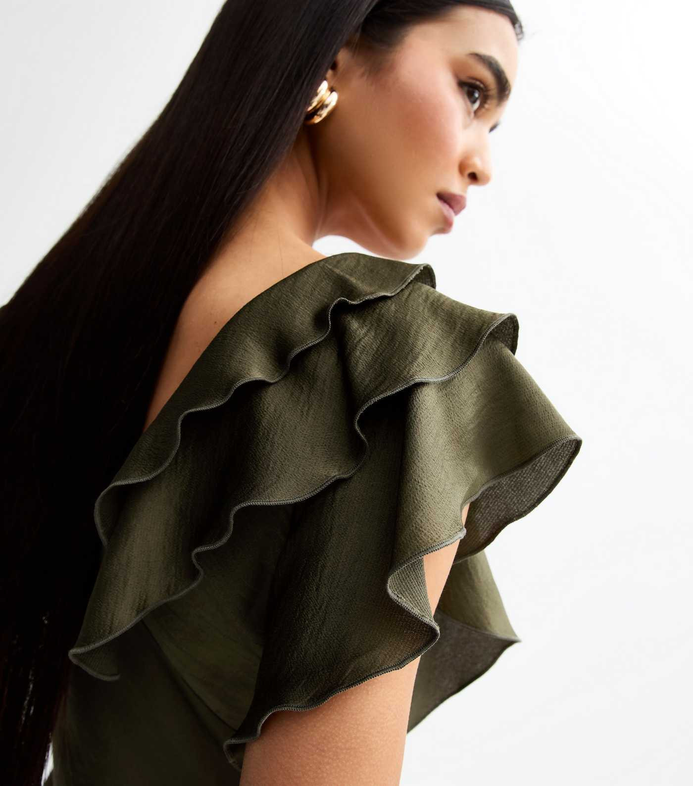 Khaki Satin Ruffled Midi Dress | New Look | New Look (UK)