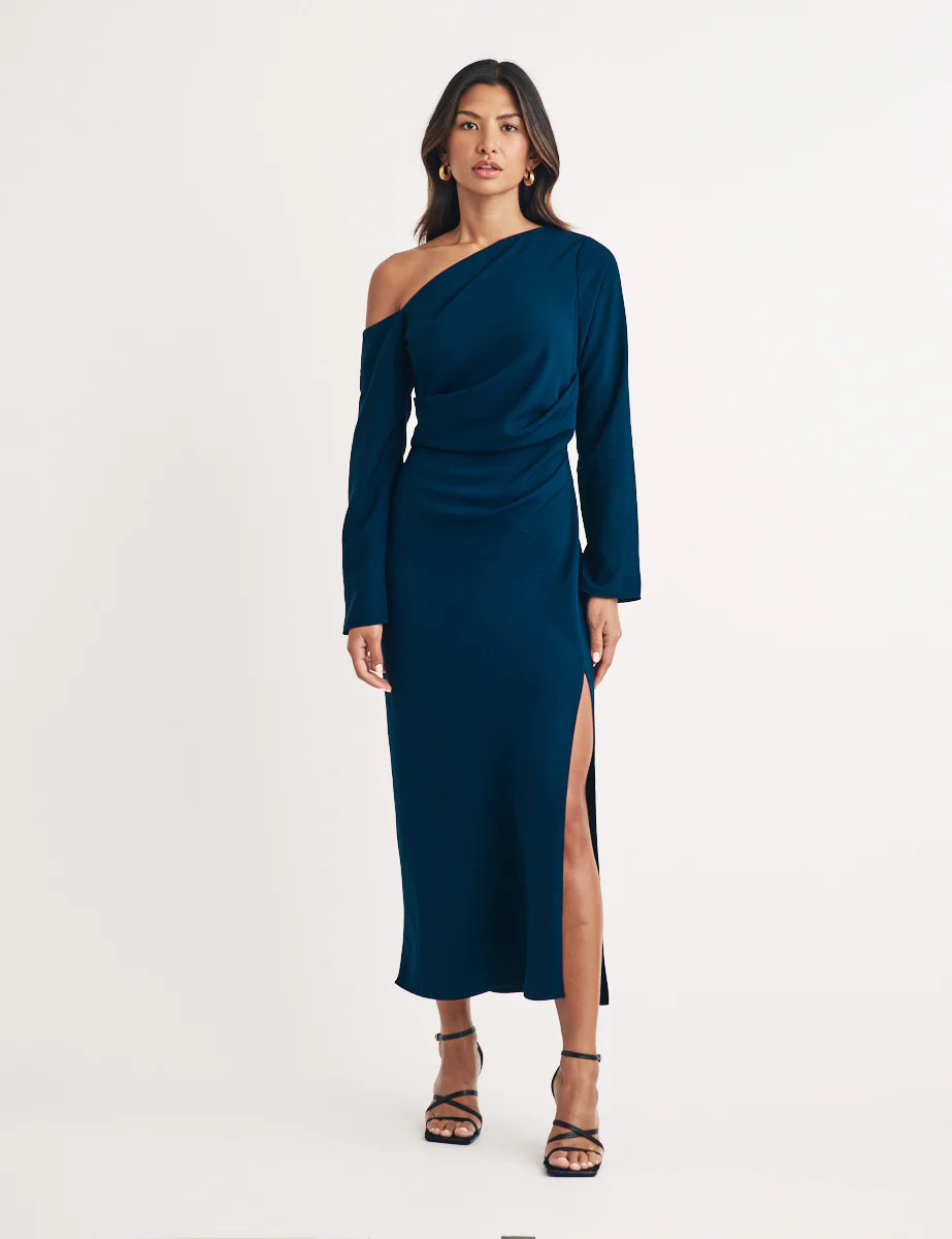 Blue Asymmetric Gathered Katty Midi Dress | Nobody's Child