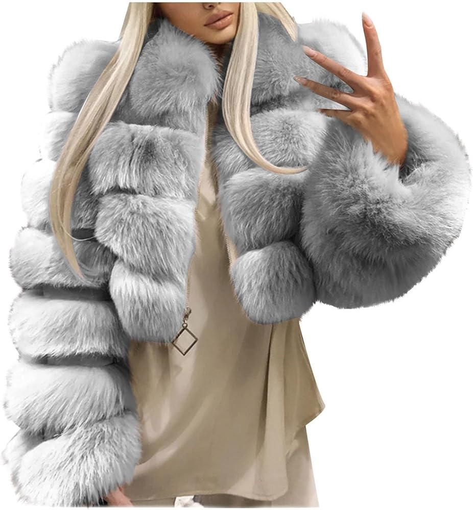 SACFOF Womens Faux Fur Coat Trendy Zip Up Cropped Coats Long Sleeve Fleece Warm Short Fluffy Tedd... | Amazon (US)