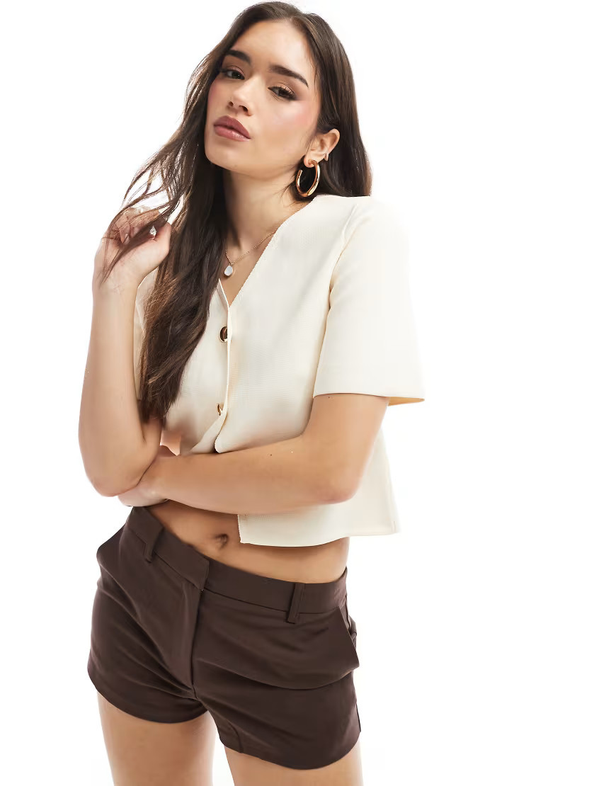 ASOS DESIGN knit half sleeve vest with gold buttons in ecru-White | ASOS (Global)