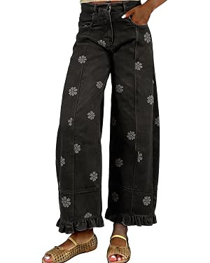 utcoco Barrel Jeans Women 2026 Floral Print Wide Leg Jeans Y2k Patchwork Baggy Boyfriend Denim Pa... | Amazon (US)