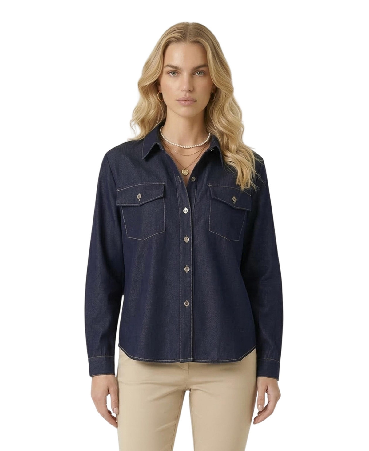 Modenaire Women's Denim Collared Button-Front Pocket Shirt - Dark indigo | Macy's