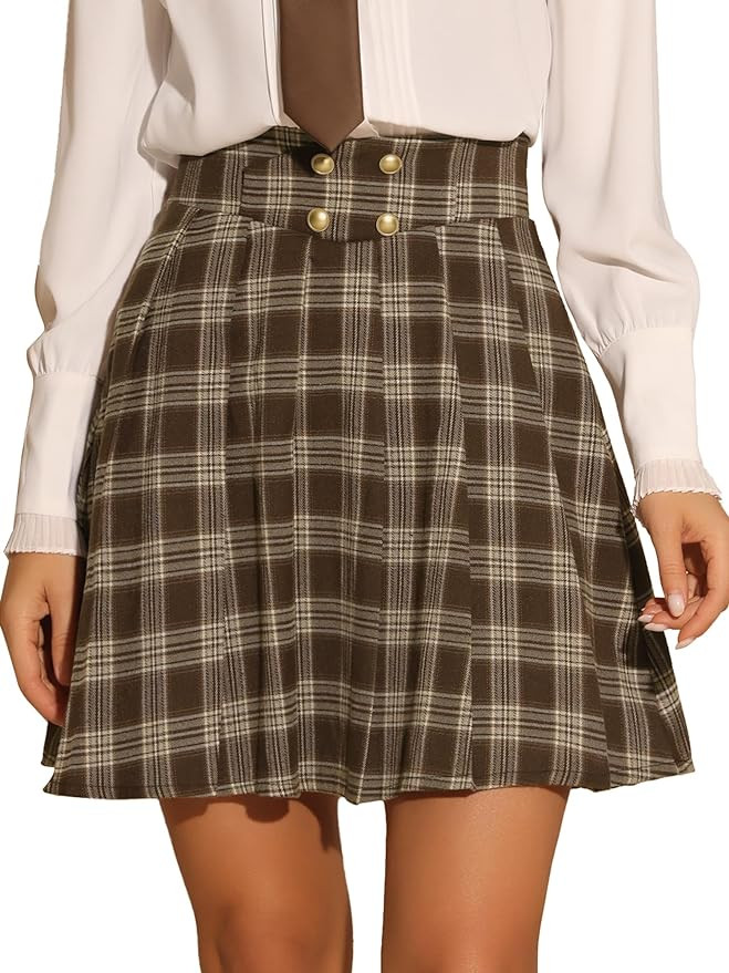 Allegra K Plaid Skirt for Women's Tartan Double Breasted A-Line Pleated Vintage Mini Skirts | Amazon (US)