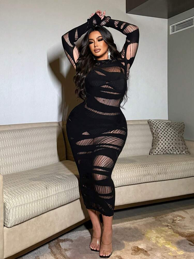 NU&NOW Plus Size Women Sexy Long Sleeve Hollow Out Dress | SHEIN