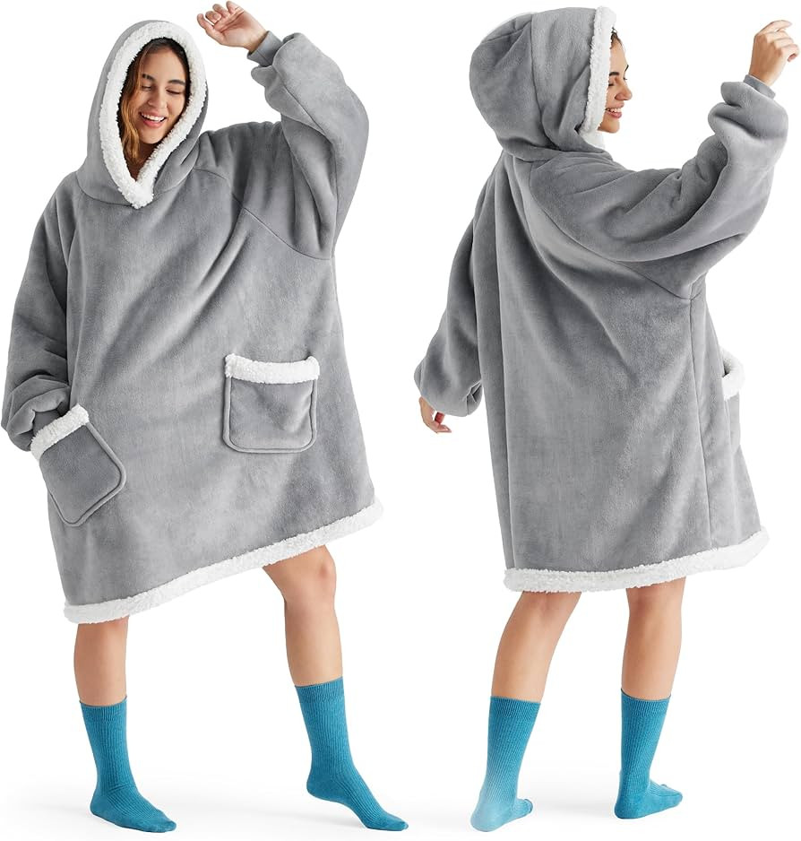 Bedsure Blanket Hoodie - Sherpa Wearable Blankets for Women & Kids as Gifts for Women Men, Christmas Gifts Sweatshirt Blanket, Grey, Standard | Amazon (US)