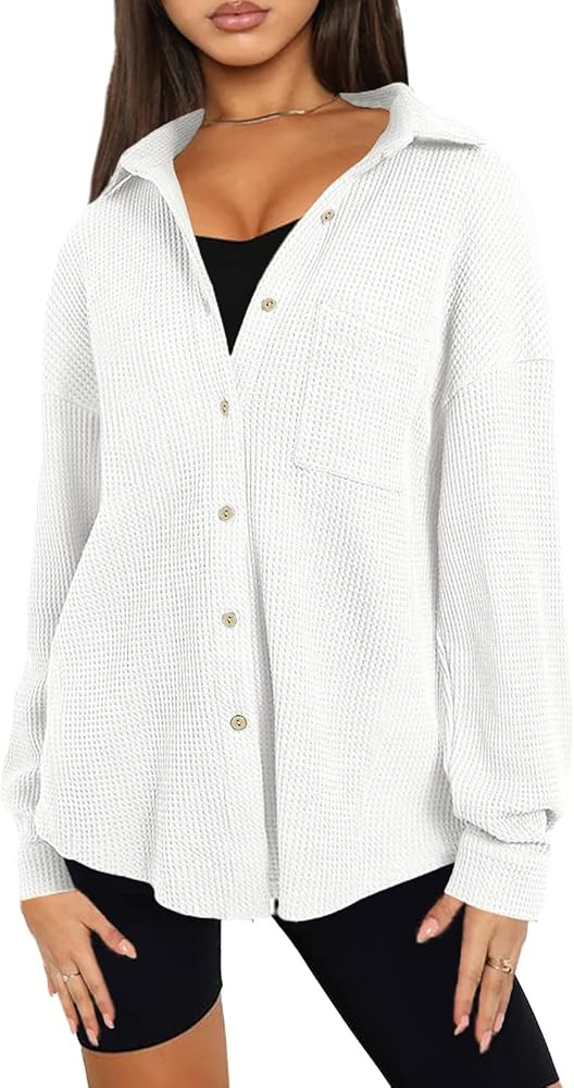 UNIANKIYA Womens Shacket Waffle Knit Button Down Shirt Blouse Casual Jackets Loose Fit Long Sleev... | Amazon (US)