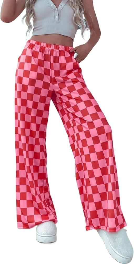Lesore Womens Casual 2-Tone Checkered Print Pants Elastic High Waist Wide Leg Pants Lounge with P... | Amazon (US)