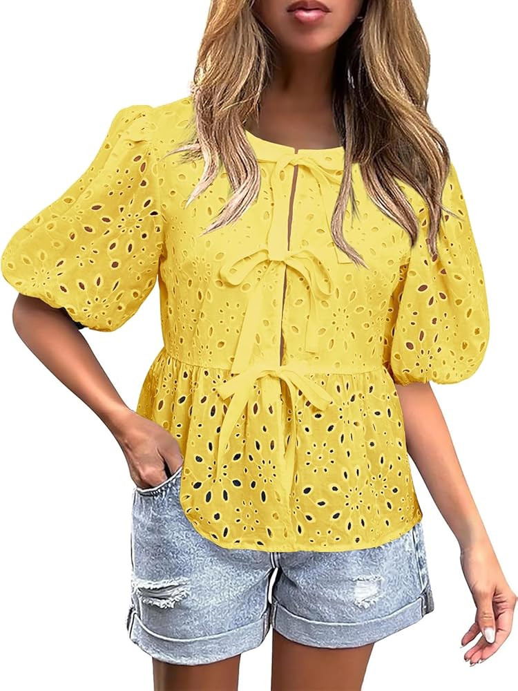 FARORO Women's Summer Dressy Casual Tops Short Puff Sleeve Babydoll Peplum Blouse Bow Tie Front H... | Amazon (US)
