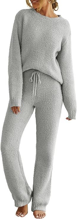 MEROKEETY Womens Fuzzy Fleece Long Sleeve 2 Piece Loungewear Outfits Sweater Pants Pajama Sets | Amazon (US)