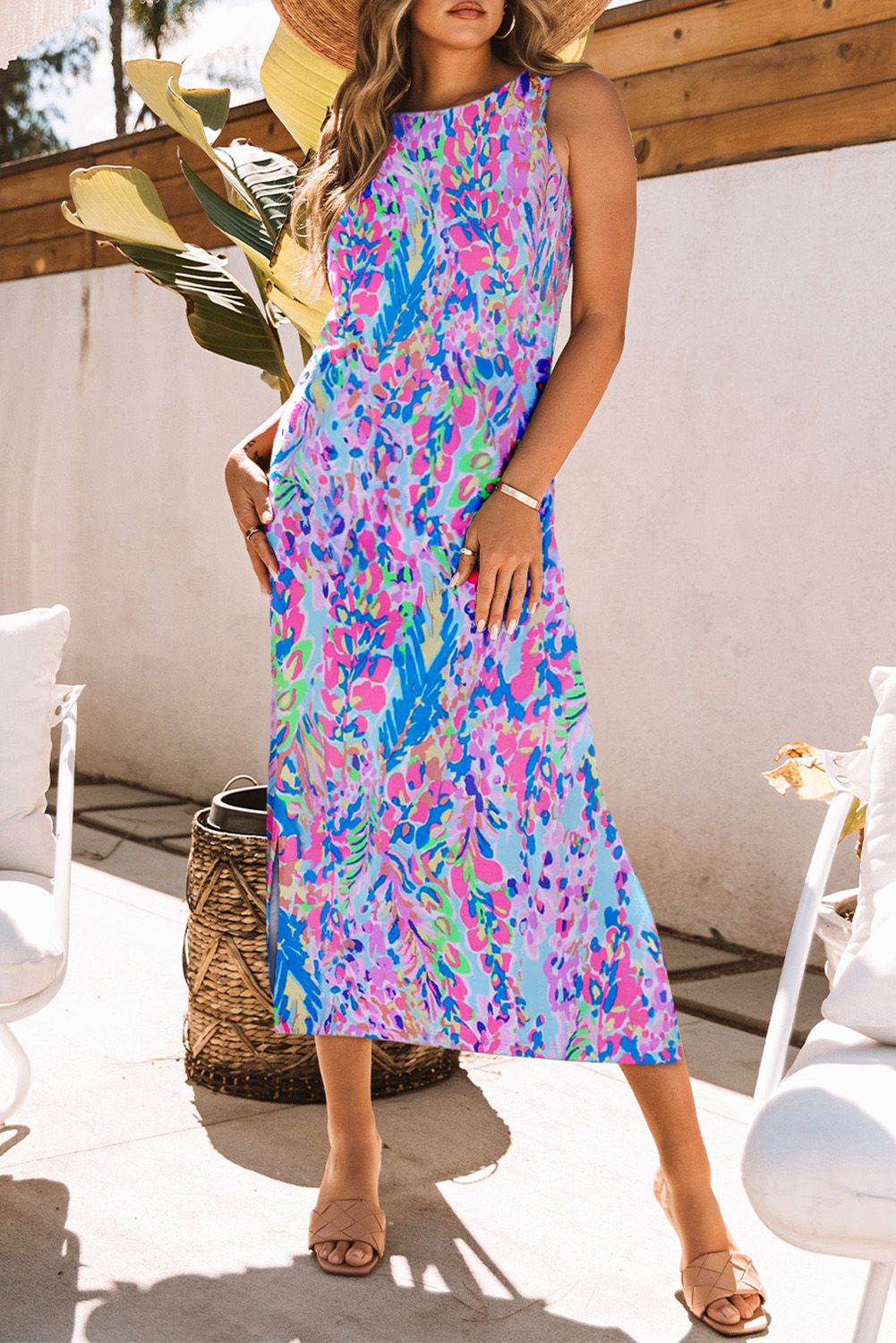 Abstract Floral Print Sleeveless Maxi Dress | Evaless